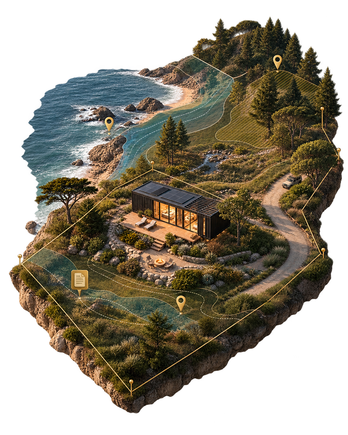 Illustrated aerial view of a tiny container home sited on a coastal parcel, with a gold property boundary, setback lines, and location markers for the shoreline, forest, and driveway access